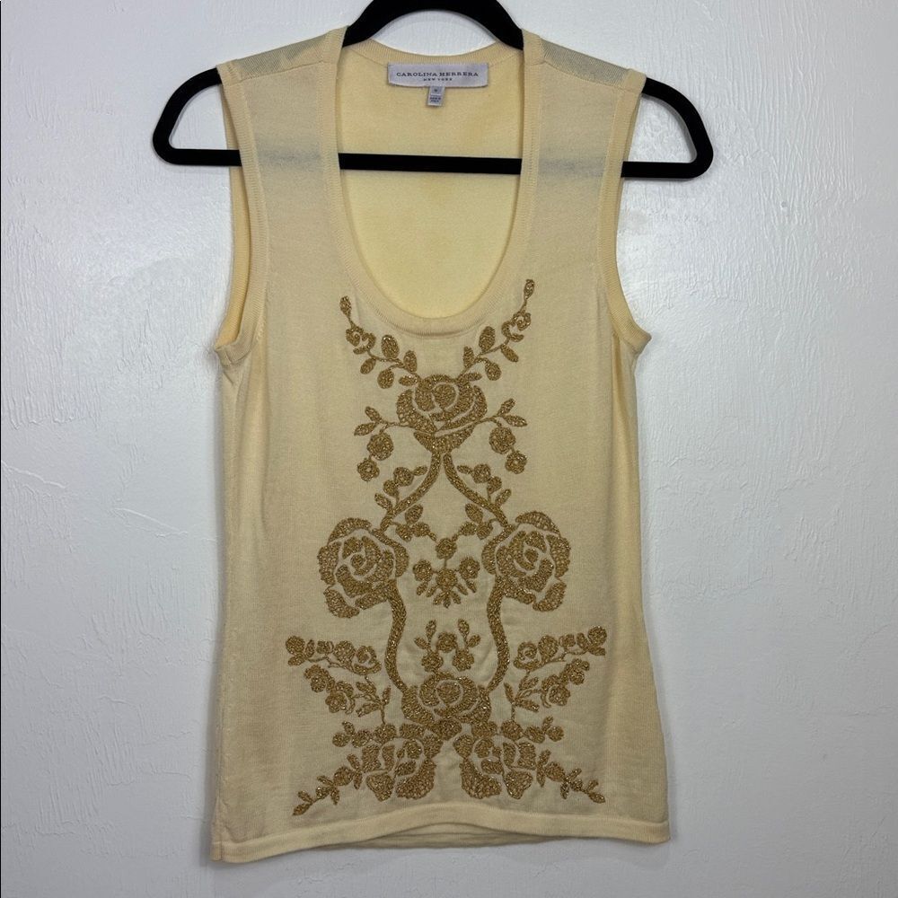Carolina Herrera 2-Piece Virgin Wool Cardigan Tank Set Gold Embroidered M - Picture 4 of 12